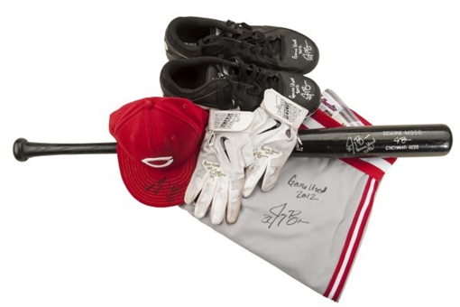 Jay Bruce Game Used and Autographed Lot Collection of (5): Bat, Pants, Batting Gloves, Cap and Cleats